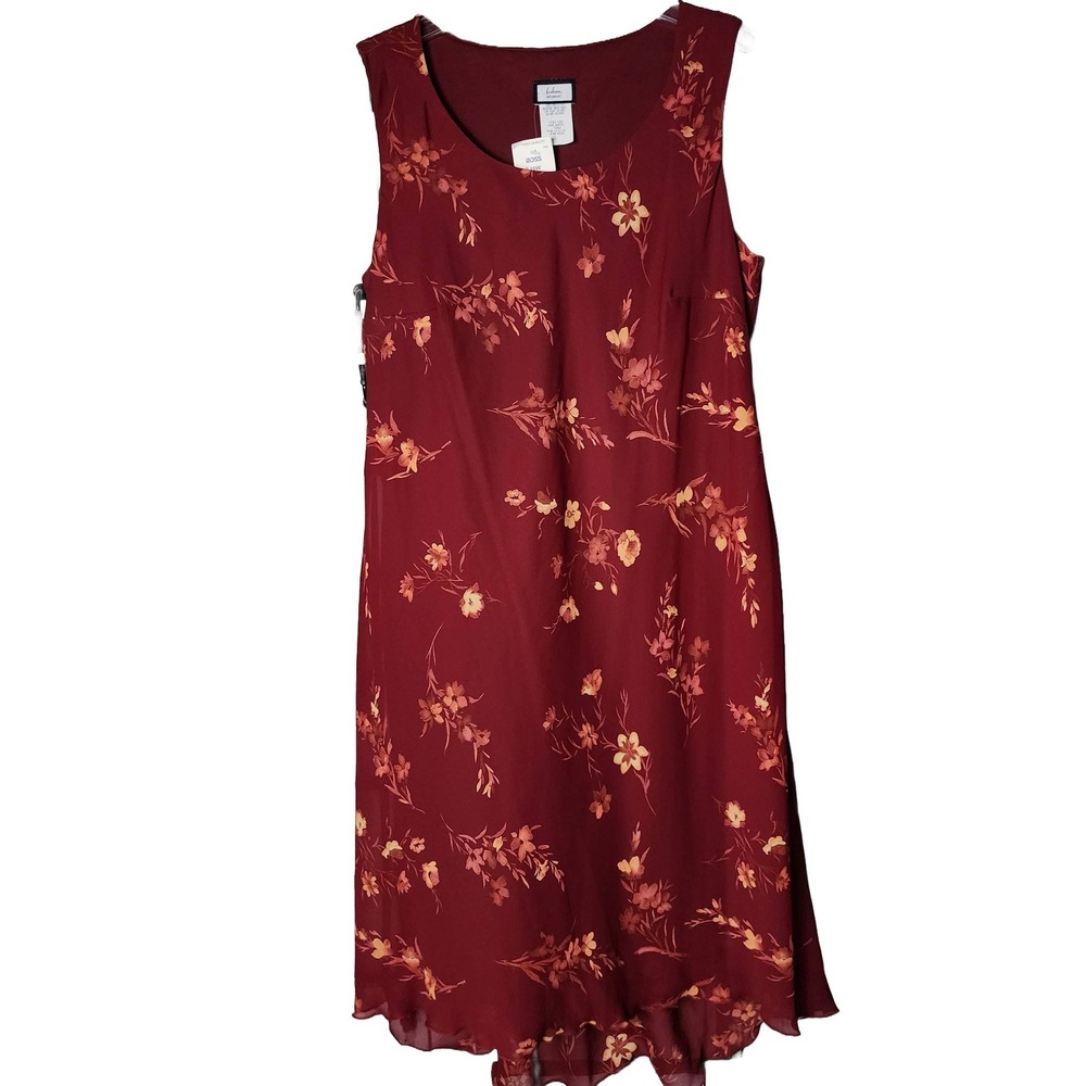 Believe Woman Burgundy Floral Y2K Shift Dress 18W NWT Vintage High Low Midi USA